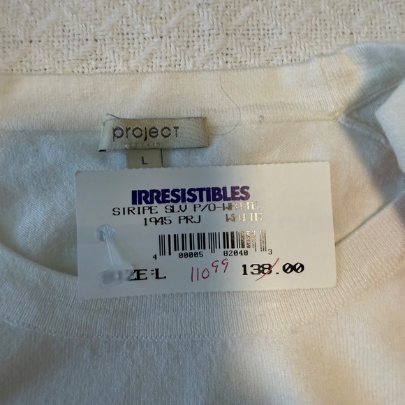 white crew neck sweater with color stripes on sleeves, large - Picture 5 of 8